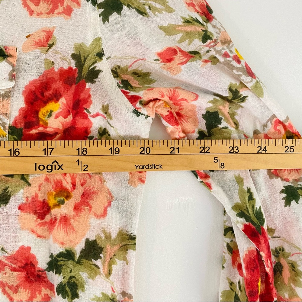Love Potion Floral Lightweight Button-Up Blouse Fall Vibrant Coral Green Pintuck - Picture 6 of 8
